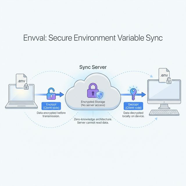 Diagram showing how Envval syncs environment variables between devices