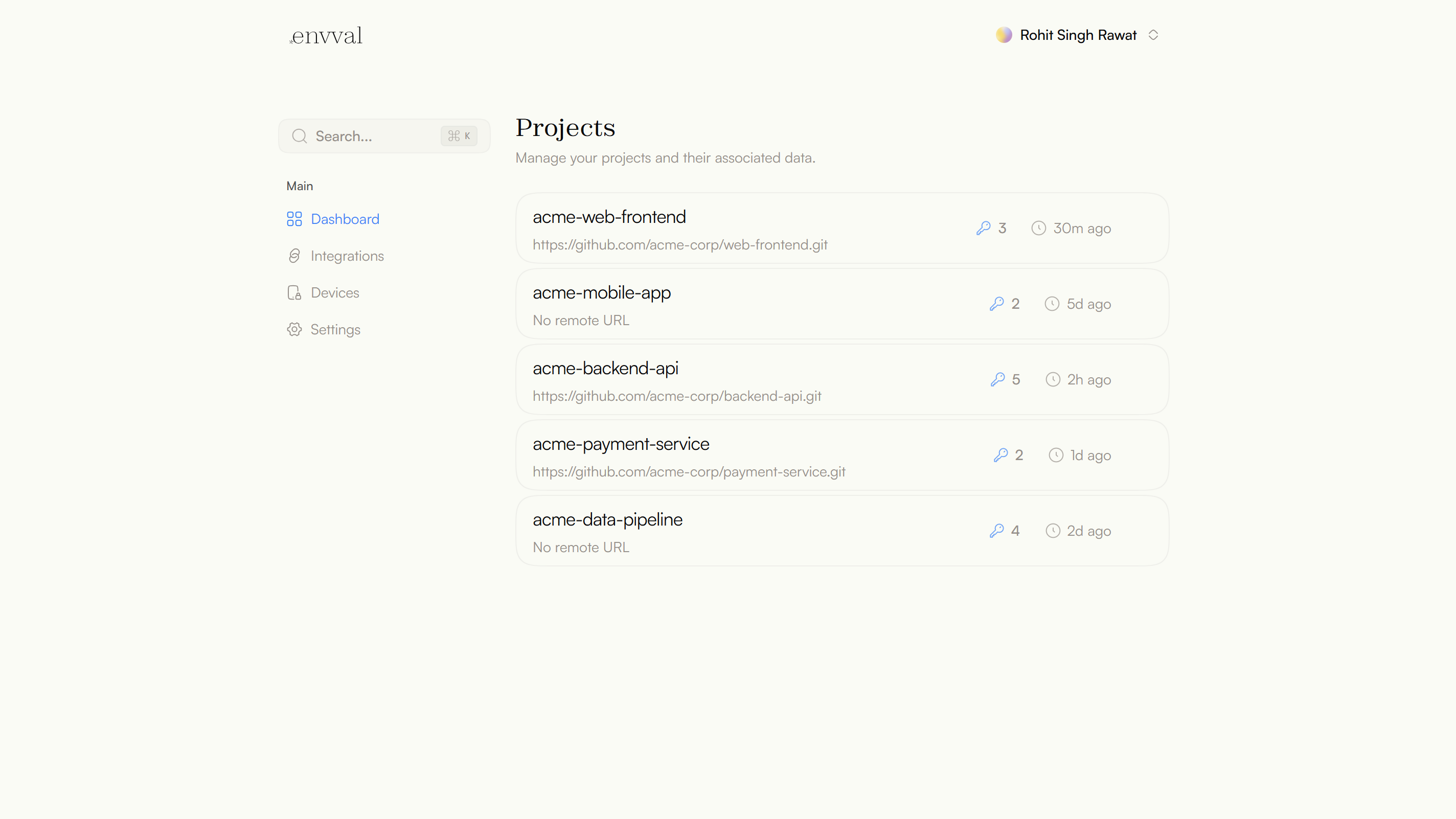 Envval dashboard showing environment variable management interface